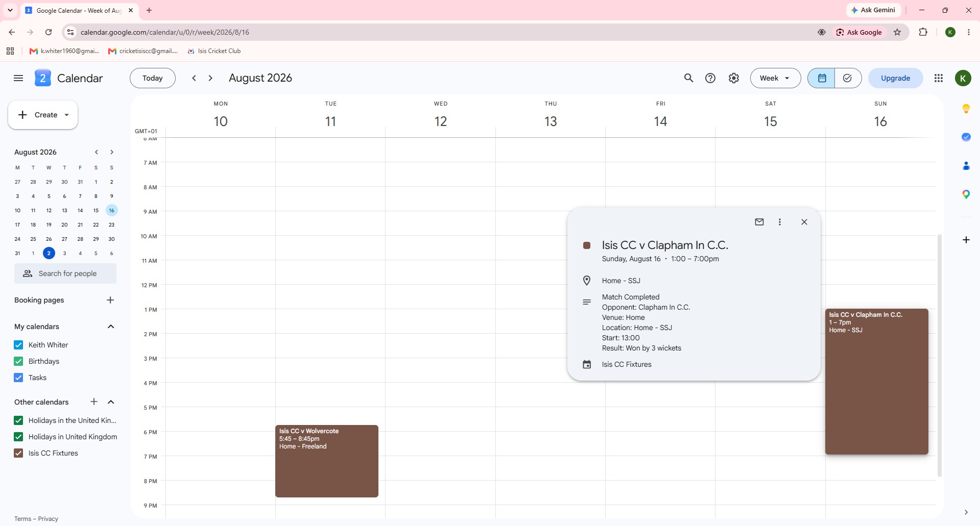 Google iCalendar subscription showing completed match