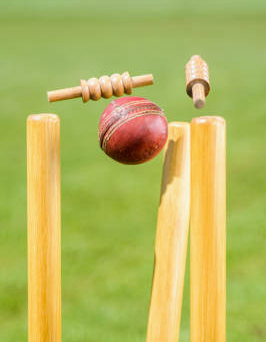 Cricket ball breaking wickets.